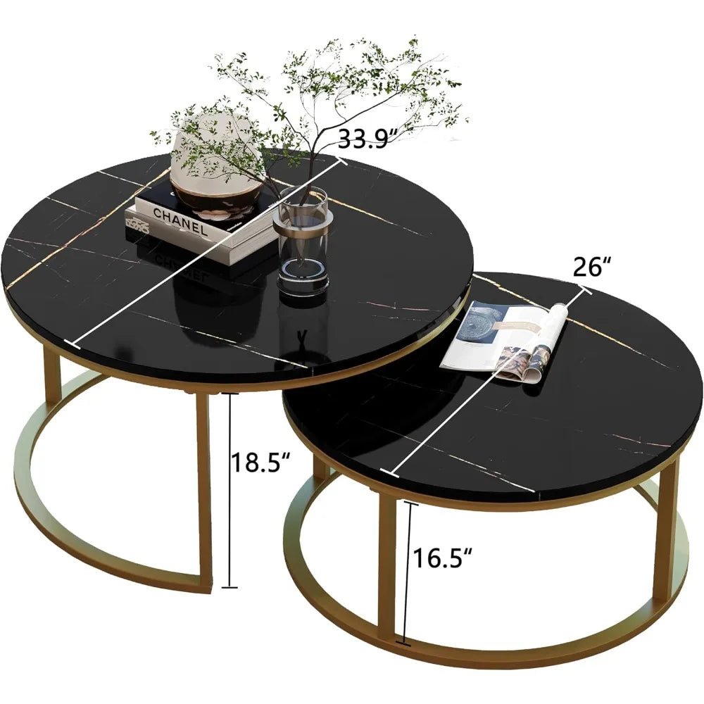 Round Coffee Table Nesting Tables Set of 2, Large : Ø 34.0", Small : Ø 26.0", Modern Design Coffee Tables for Living Room, Gold