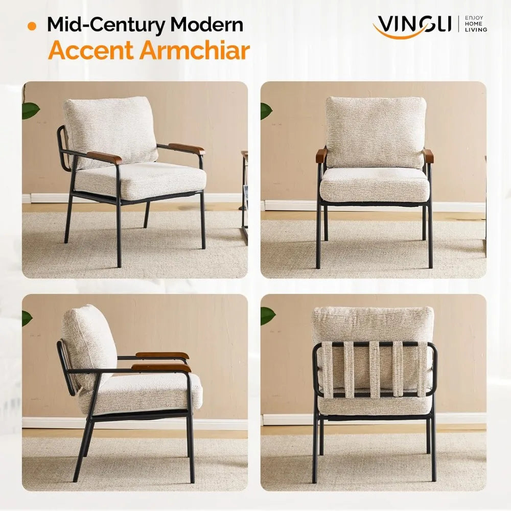 Mid-Century Modern Upholstered Reading Chair for Small Spaces with Wood Arms and Comfort for Bedrooms