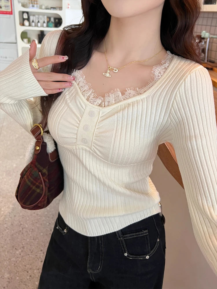 Women's Autumn Winter Simple Base Layer Tops New Low-Neck Lace Trim Splice Knitted Pullovers Solid Color V-neck Slim Fit Sweater