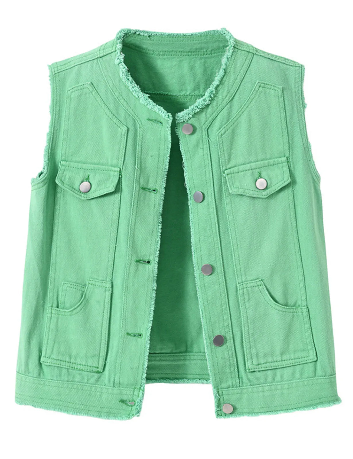 Women Candy Color Street Sleeveless Leisure Denim Vest - Women's Button Down Jean Waistcoat Outerwear Collarless Cowboy Jacket