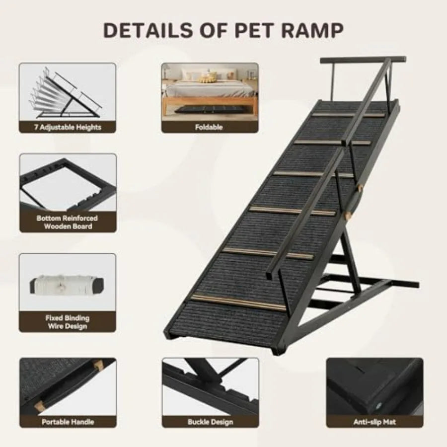 Pet Ramp Folding Portable Wooden Dog Cat Ramps for Couch or Bed Including Non Slip Mat Safety Side Rails 64.2 Inch Long and Hei