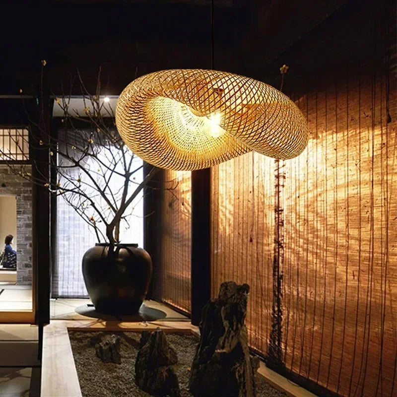 Led Pendant Lamp Ceiling Chandelier Bamboo Weaving Lights for Living Room Dining Handmade Modern Art Rattan Lampshade Restaurant