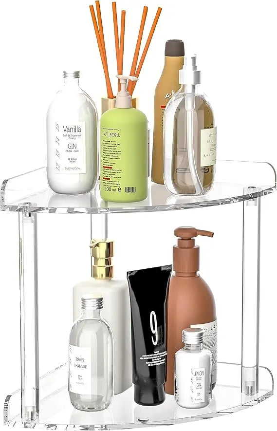 2 tier countertop corner organizer shelf 7x7x8 inch, acrylic bathroom organizer corner shelf for countertop, clear vanity storag