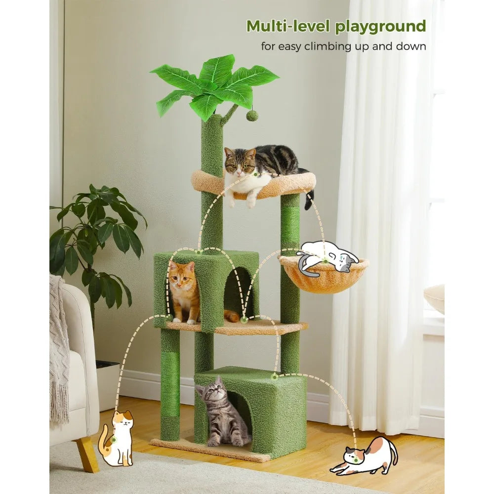 53-Inch Green Cat Tree with 2 Condos for Indoor Cats,Cat Tower with Scratching Posts for Small Cats,Cactus Cat Tree Tower with H
