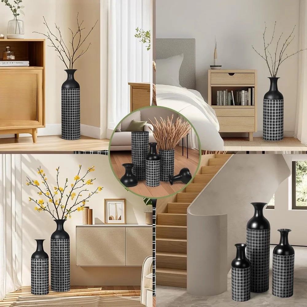 Tall Floor Vase Set of 3, Large Black Metal Vase with Minimalist White Lines & Detachable Vases Mouth, Big Modern Decorative Vas