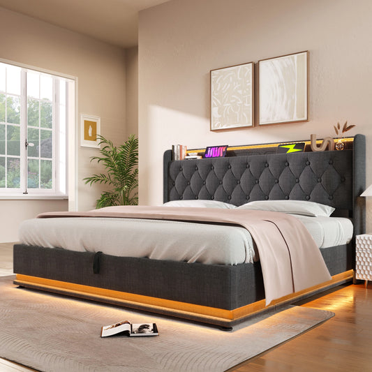 KOMHTOM Hydraulic Storage bed Linen 360 Surround LED function with USB Type-C charging function without mattress