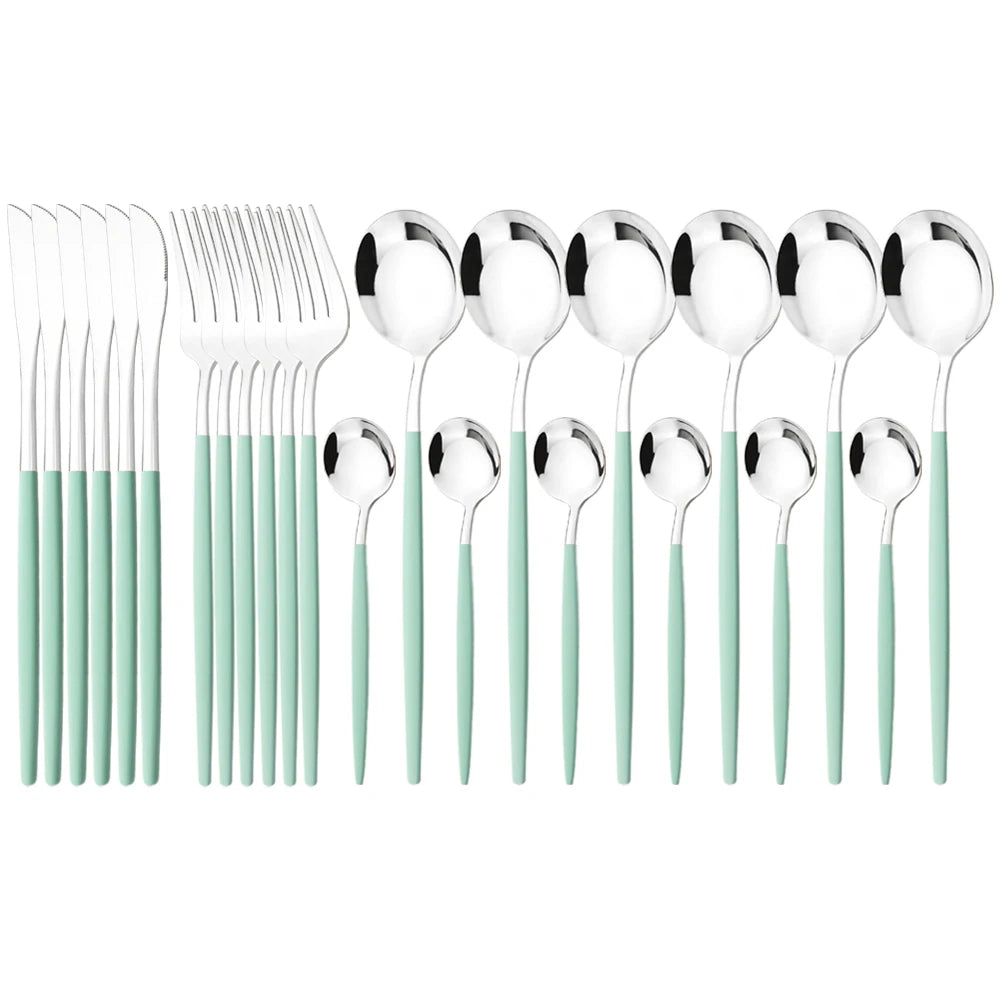 24Pcs Dinnerware Set Stainless Steel Tableware Knife Fork Tea Spoon Cutlery Set Multiple Colour Silverware Kitchen Flatware Set
