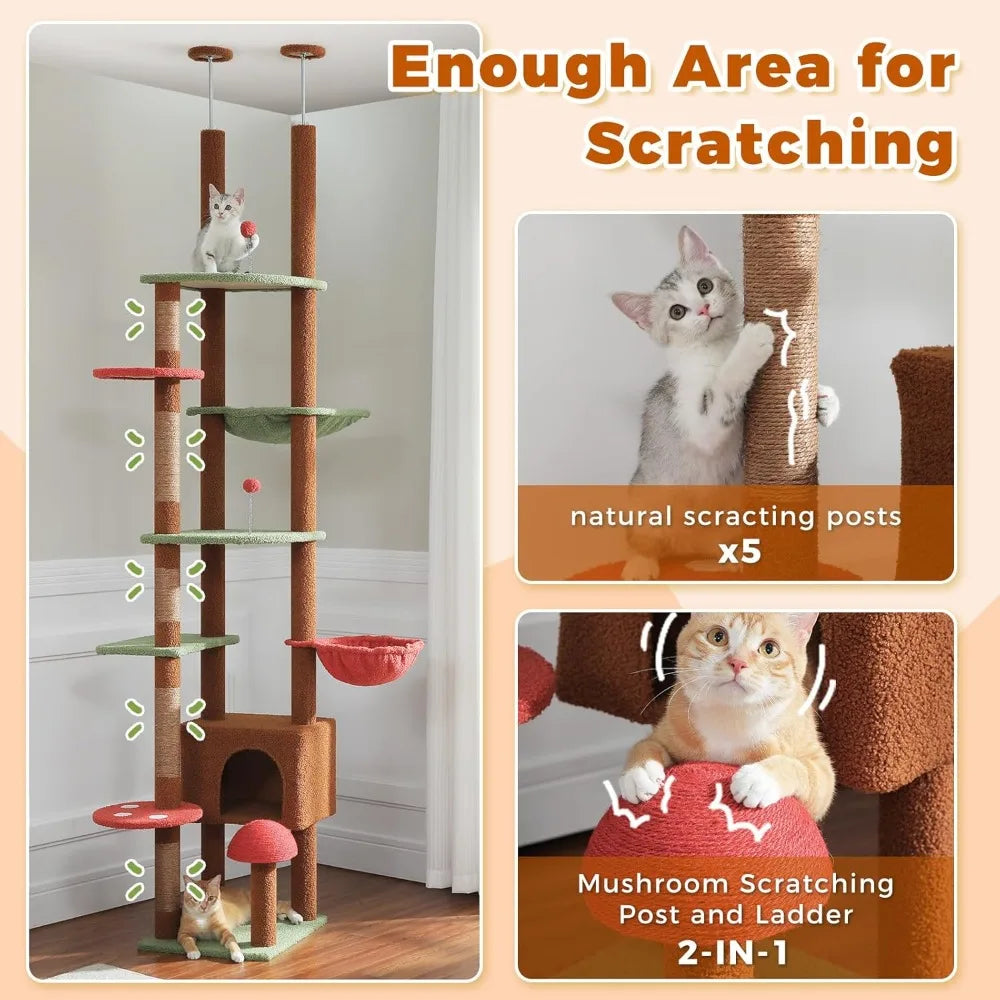 Adjustable Height Cat Tower: 90.5 to 100.4 Inches, Mushroom-Top Climbing Tree with Scratching Posts and Spacious Perch