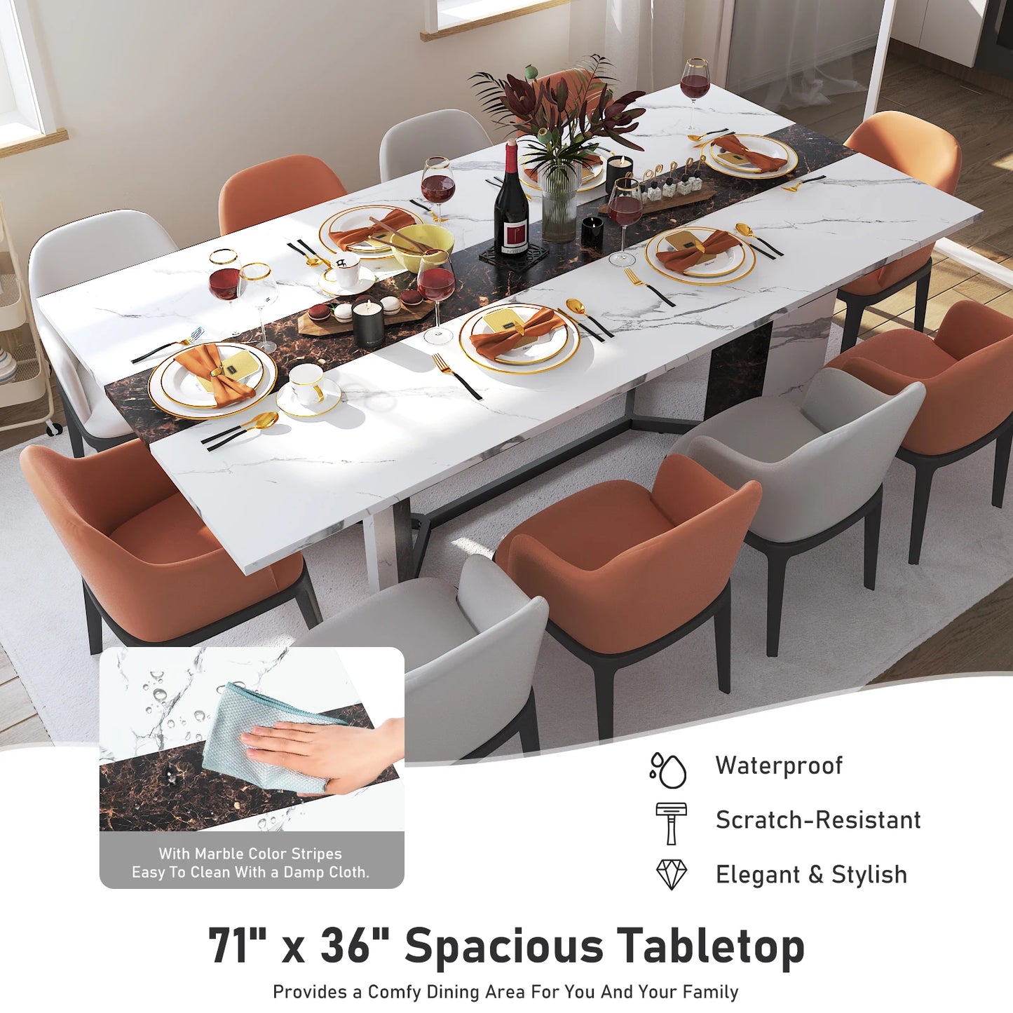 71" Large Luxurious Rectangular Dining Table for 6 8 10 People, Family Dinner Table w/Marble Color, Wood Tabletop, Metal Leg