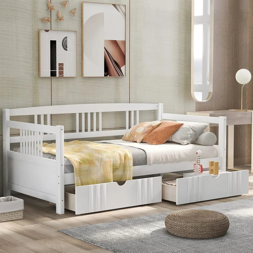 Daybed with Rails Twin Bed Wooden Slats Support Modern Living Daybed (Twin with Drawers, White)