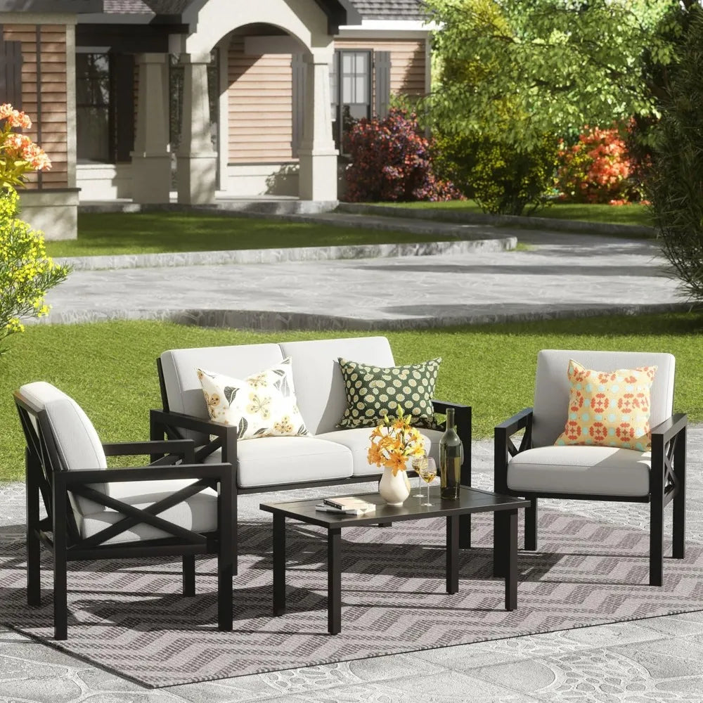 Outdoor Patio Furniture 4 Pieces Set, Modern Patio Conversation Sets, Outdoor Sectional Metal Sofa with 5.5