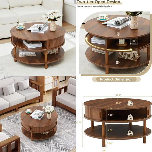 Mid-Century Modern Round Coffee Table with Storage and Sliding Door, Featuring Two Tiers and Solid Wood Legs with Fluted Design