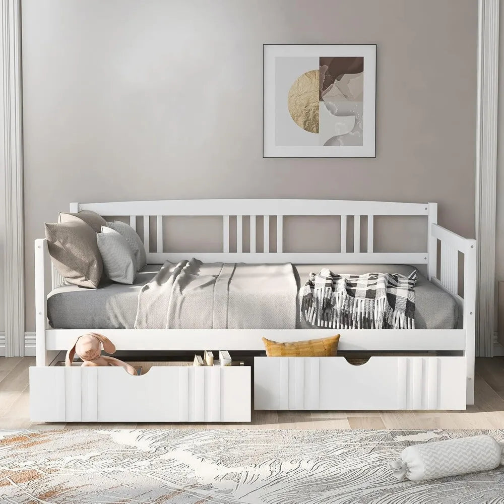 Daybed with Rails Twin Bed Wooden Slats Support Modern Living Daybed (Twin with Drawers, White)