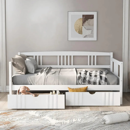 Daybed with Rails Twin Bed Wooden Slats Support Modern Living Daybed (Twin with Drawers, White)