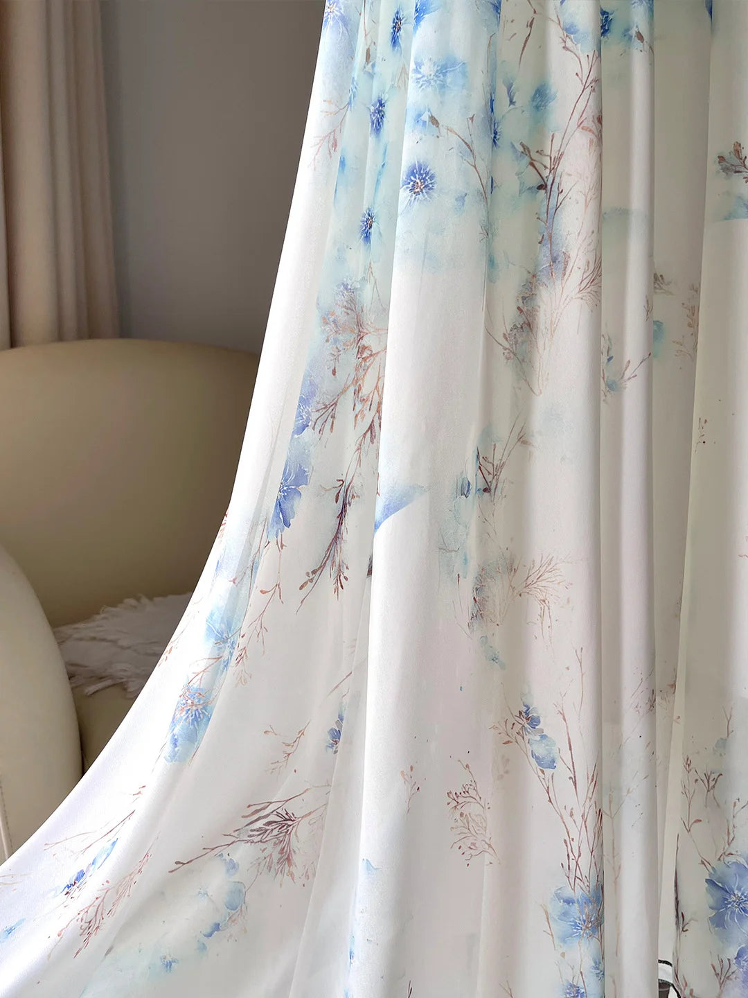 Women's Loose A-Line Blue Long Sleeve V-Neck Floral Print Maxi Dresses Stylish Dress