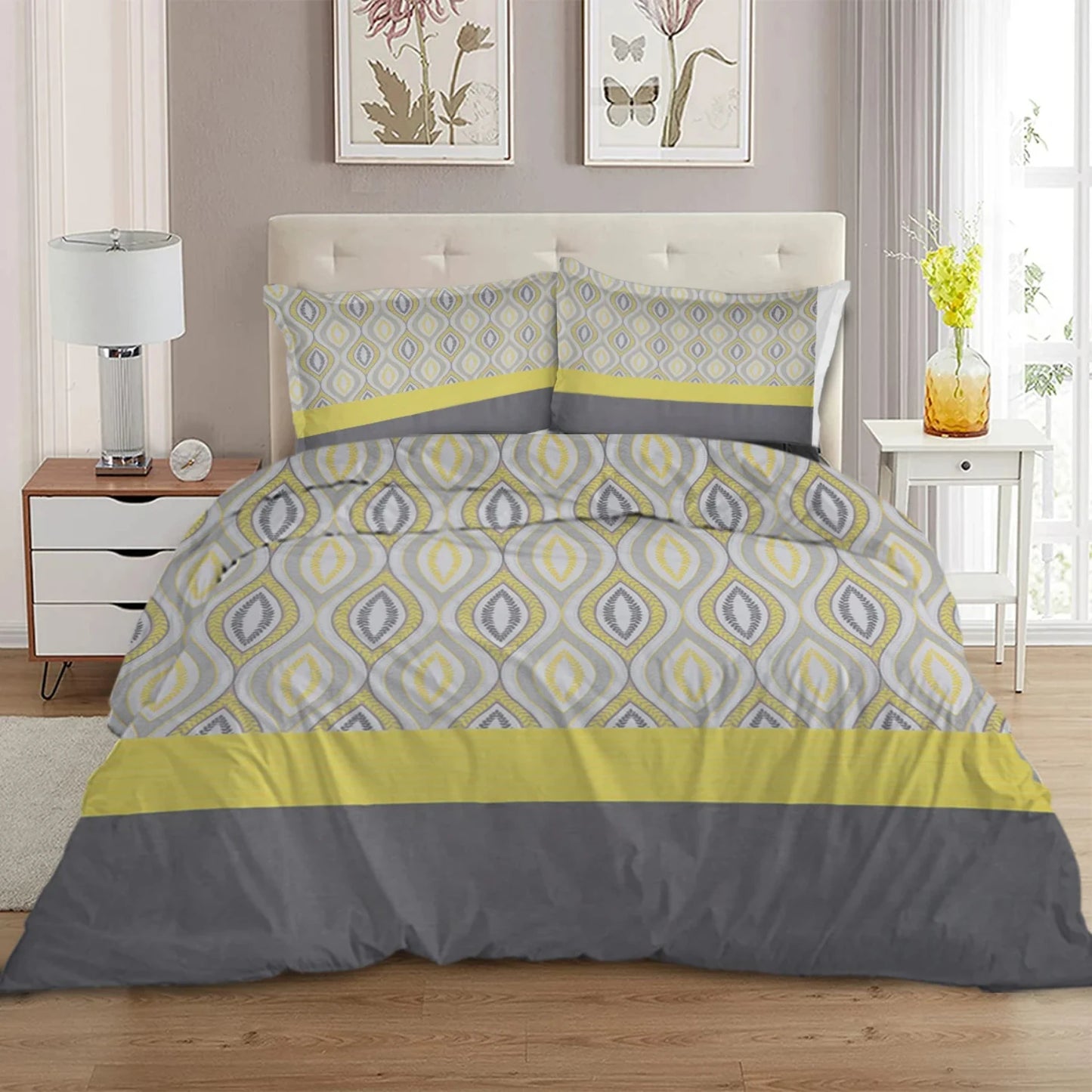 Cozy Gray-yellow Shape Design Bedding Set with Decorative 3 Pieces Duvet Cover and 2 Pillow Shams for Family Bed Bed sheet Stich