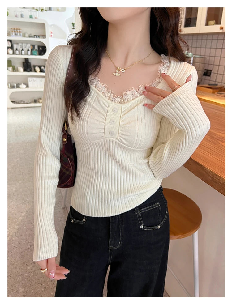 Women's Autumn Winter Simple Base Layer Tops New Low-Neck Lace Trim Splice Knitted Pullovers Solid Color V-neck Slim Fit Sweater