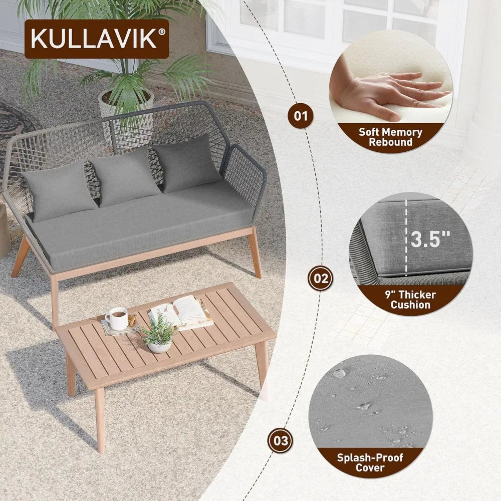 Outdoor Patio Furniture Set,2 Pieces Indoor Rope Woven Sectional Sofa Set Modern Oak Patio Conversation Sets with Wooden Table