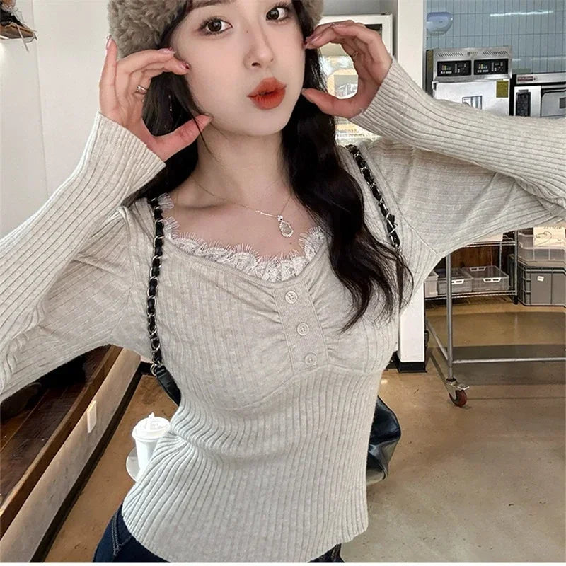 Women's Autumn Winter Simple Base Layer Tops New Low-Neck Lace Trim Splice Knitted Pullovers Solid Color V-neck Slim Fit Sweater