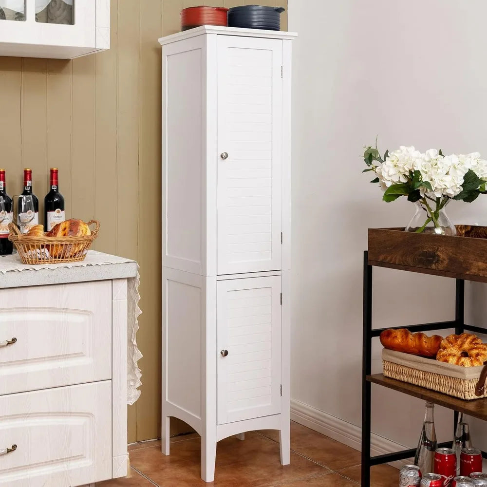 5-Tier Freestanding Bathroom Linen Tower with Wooden Sides and 2 Doors Storage Cabinet