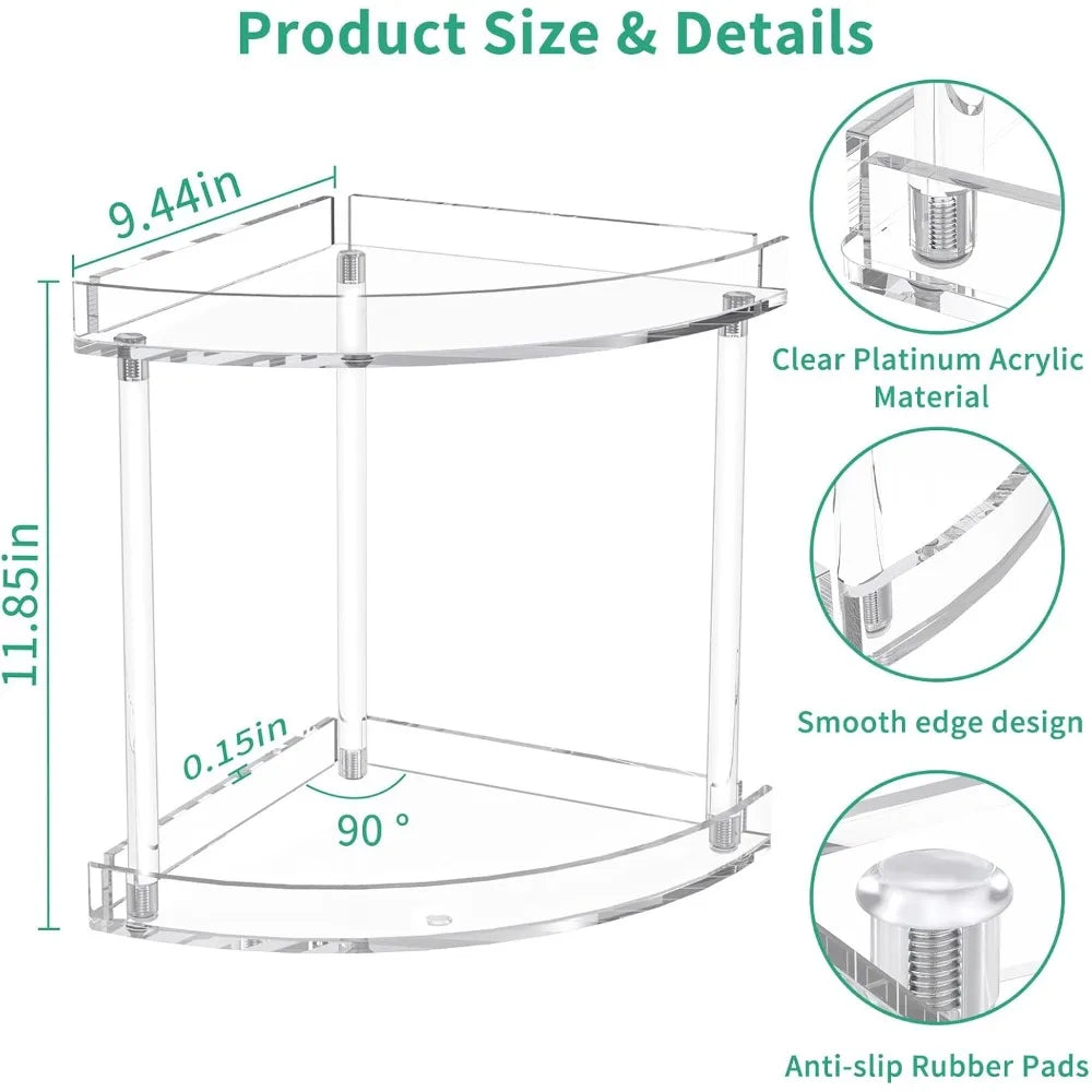2 tier acrylic bathroom counter organizer, clear bathroom countertop corner organizer, 2-tier corner storage shelf vanity trays