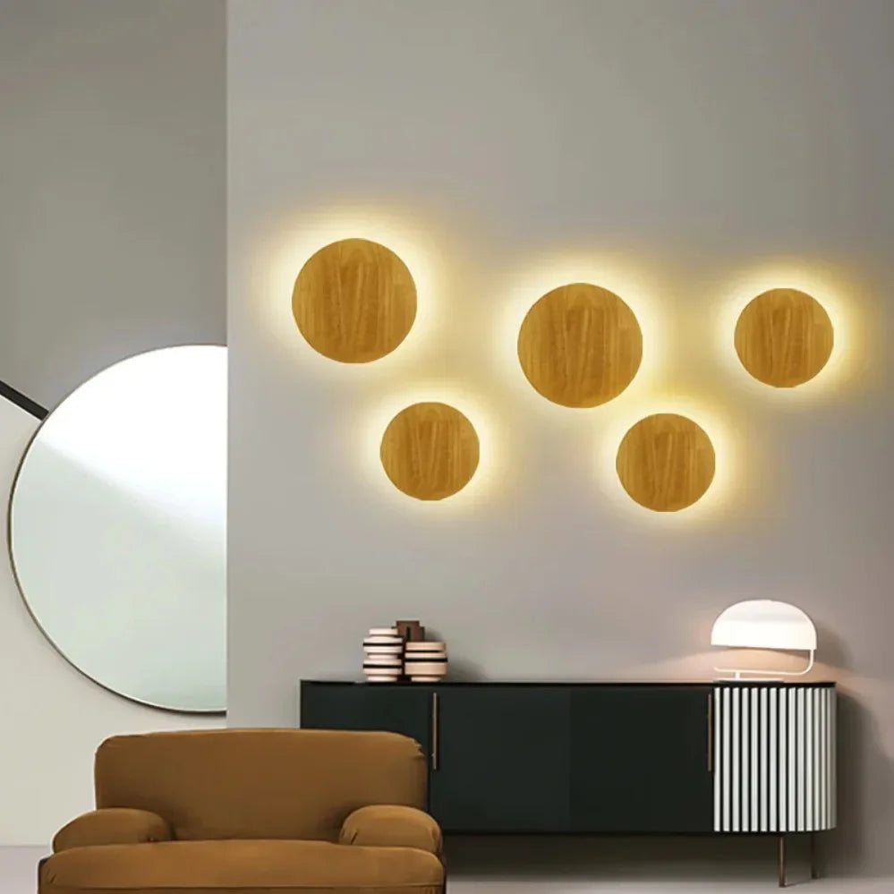 Modern LED Wall Lamp Circular Creative Wooden Wall Lamp Background Wall Bedroom Living Room Corridor Staircase Home decoration