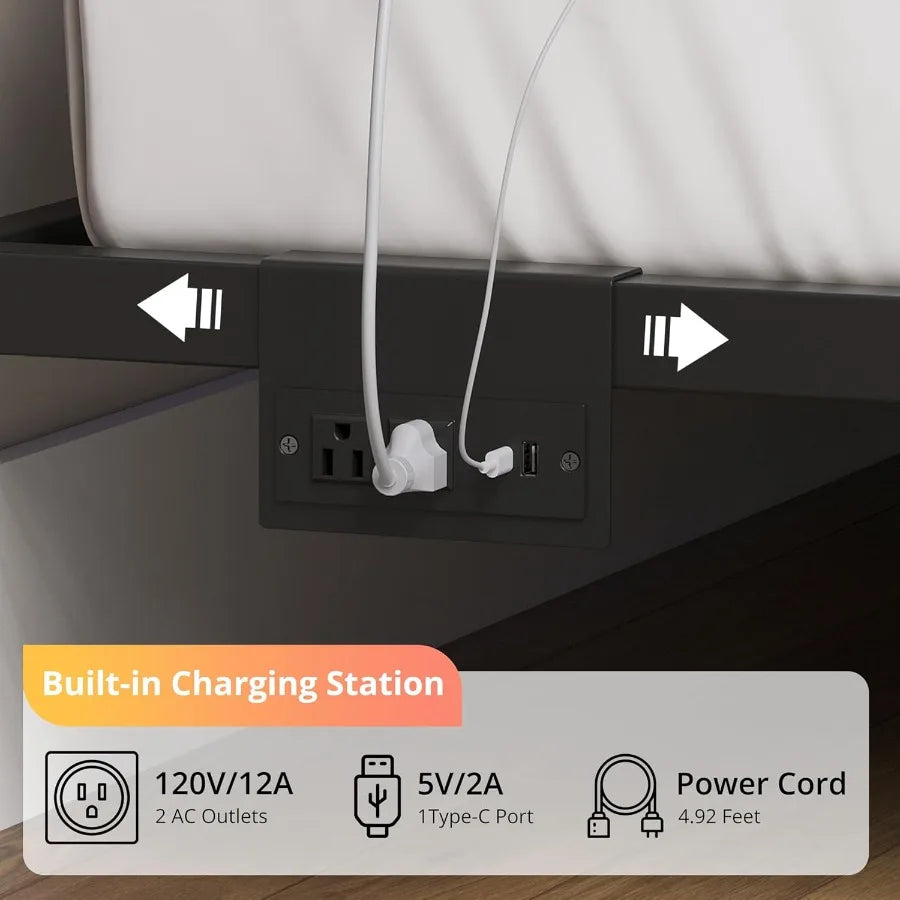 Twin Daybed with 2 Storage Drawers Corner Bed Frame with LED and Charging Station Metal Platform Daybed Frame for Living Room B