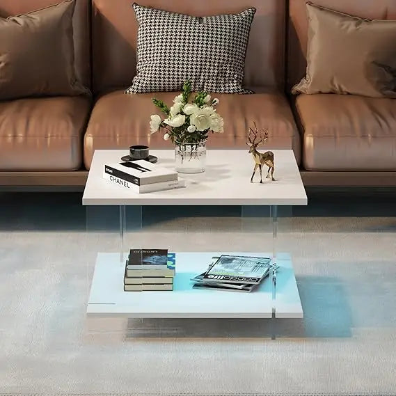 24" Acrylic Coffee Table with White Wood Tabletop, Minimalist Stylish Modern Square Center Table for Living Room,Led Living Room