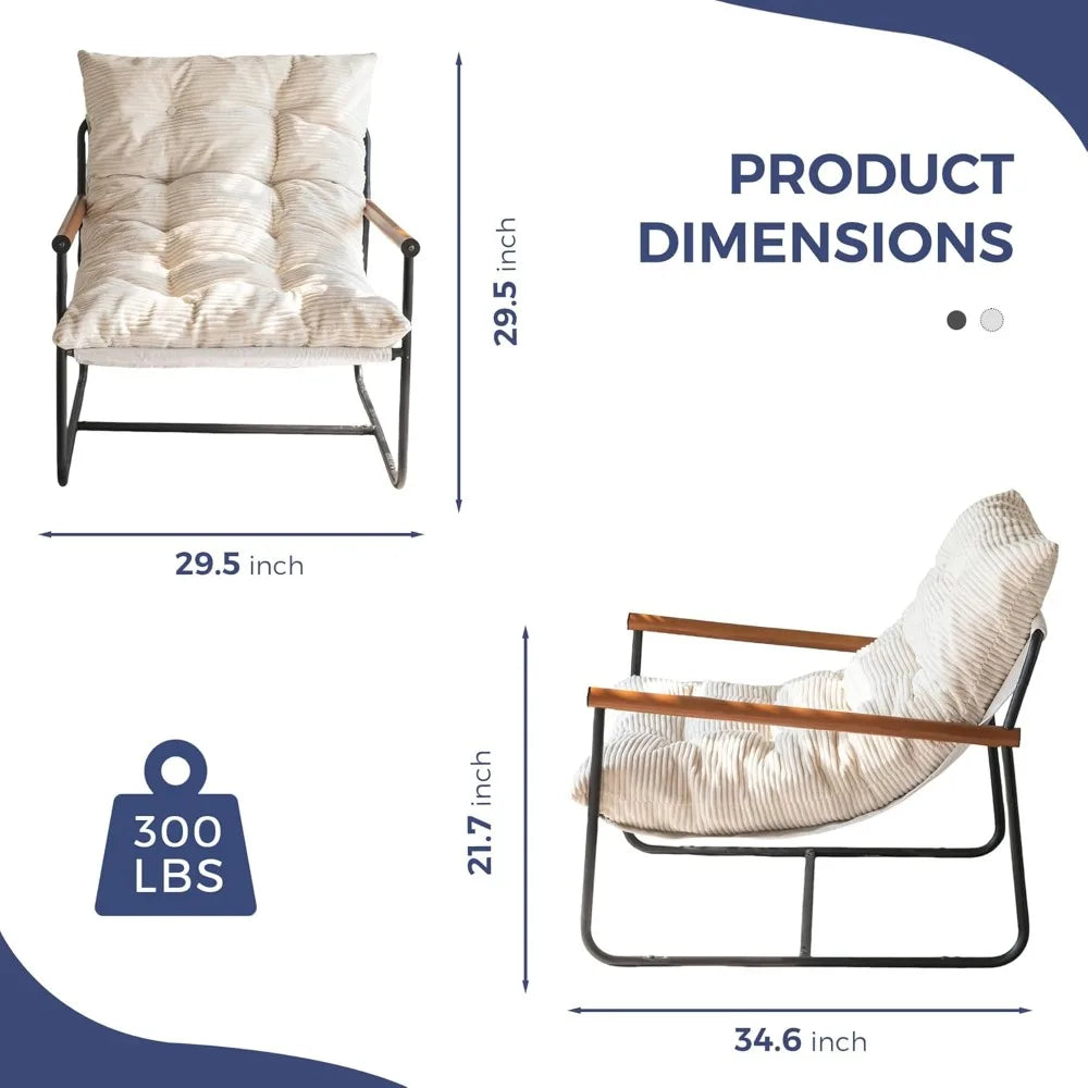 Modern Accent Chair, Comfy Living Room Chair with Metal Frame Wooden Armrest, Upholstered Armchair with Soft Cushion for Bedroo