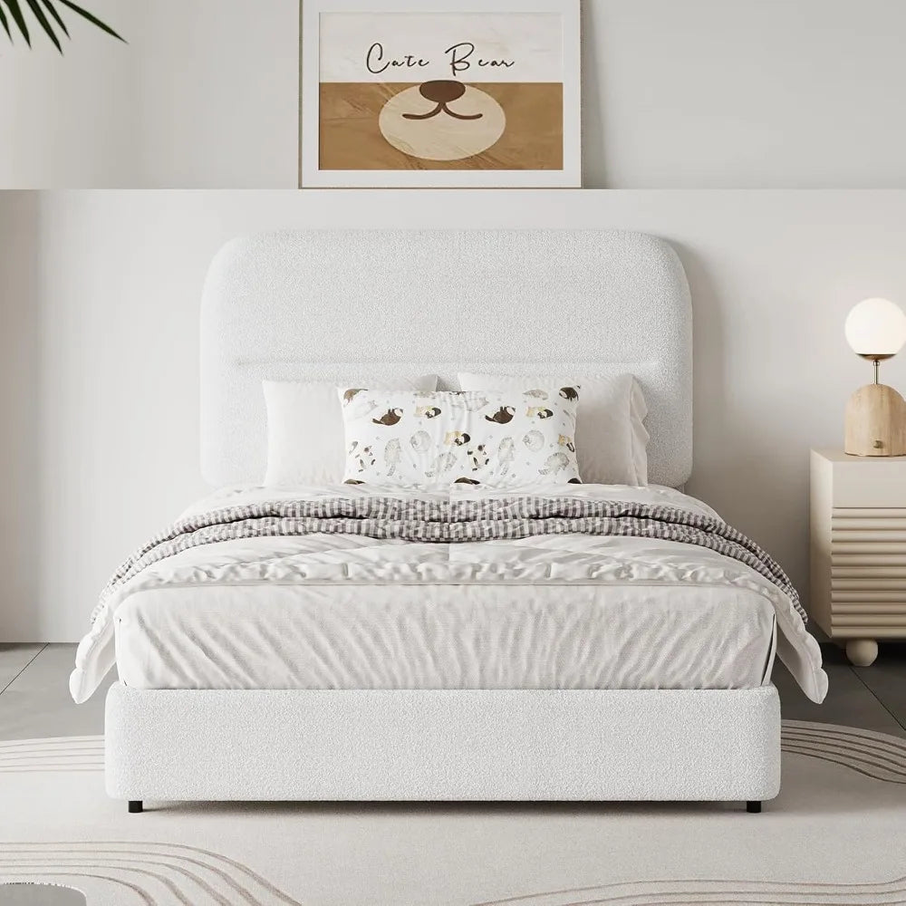Twin Bed Frames with Headboard, Boucle Upholstered Platform Bed Twin Size for Kids, Rounded Corners & Thickened Footboard