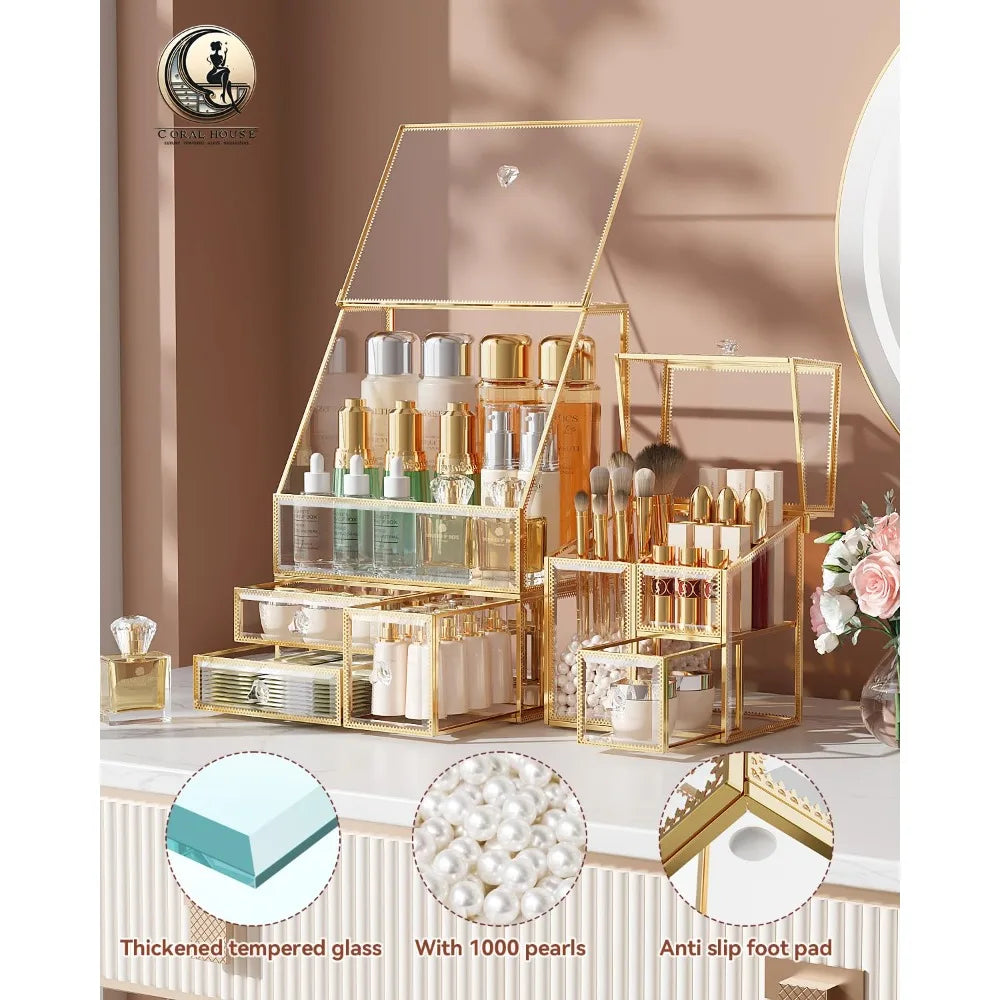 Clear Makeup Organizer with Gold Frame – Countertop Vanity Organizer for Skincare, Lipsticks, Perfume & Brushes – Bathroom Cosme
