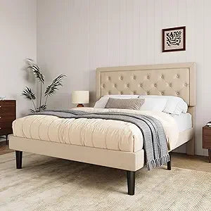 Allewie Queen Size Button Tufted/Fabric Upholstered Bed Frame with Adjustable Headboard/Wood Slat Support/Mattress Foundation/Be