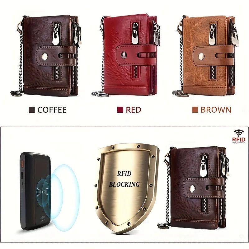 Chain Wallets for Men, Genuine Leather RFID Blocking Card Holder, Bifold Wallet With Double Zipper Coin Pocket