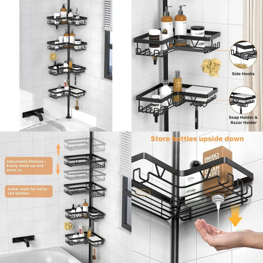 Corner Shower Caddy Tension Pole - Shower Tension Rod Organizer, Floor to Ceiling Shower Caddy 25-114.2 inch, Towel Rack Corner
