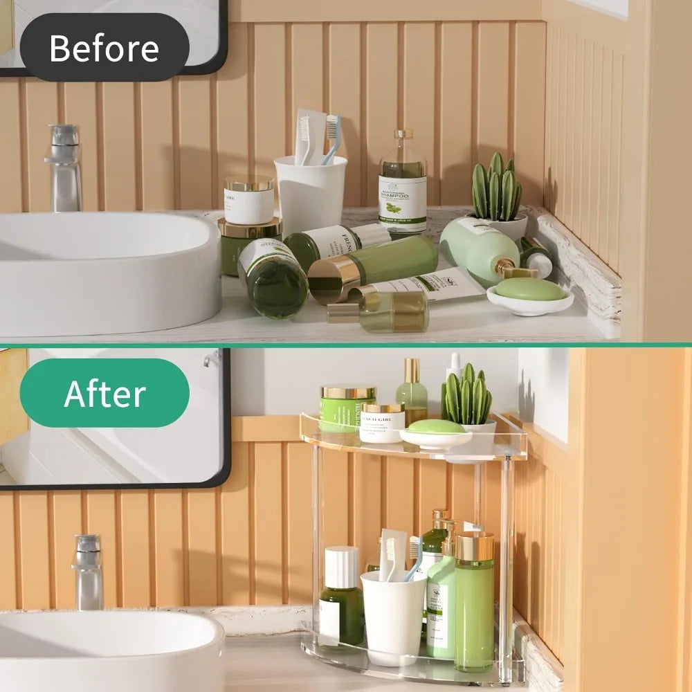 2 tier acrylic bathroom counter organizer, clear bathroom countertop corner organizer, 2-tier corner storage shelf vanity trays