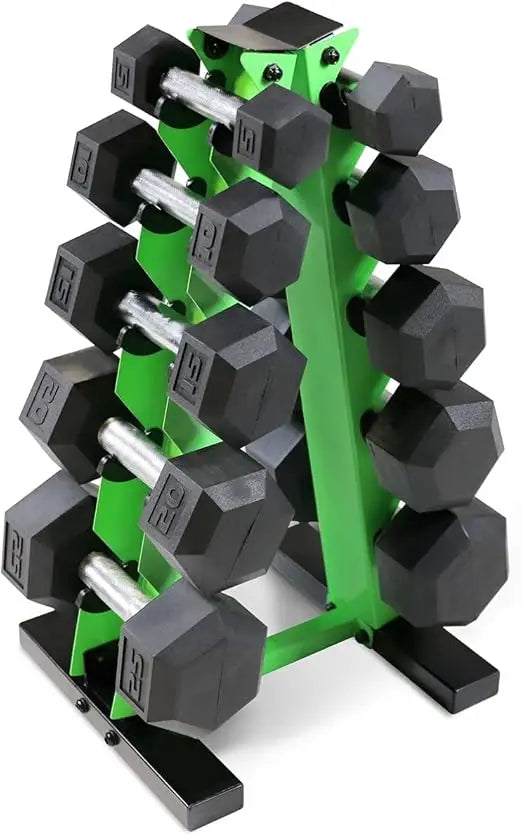 Rubber Coated Hex Dumbbells Set - 5 to 25 Lbs with Storage Rack for Muscle Toning and Strength Training