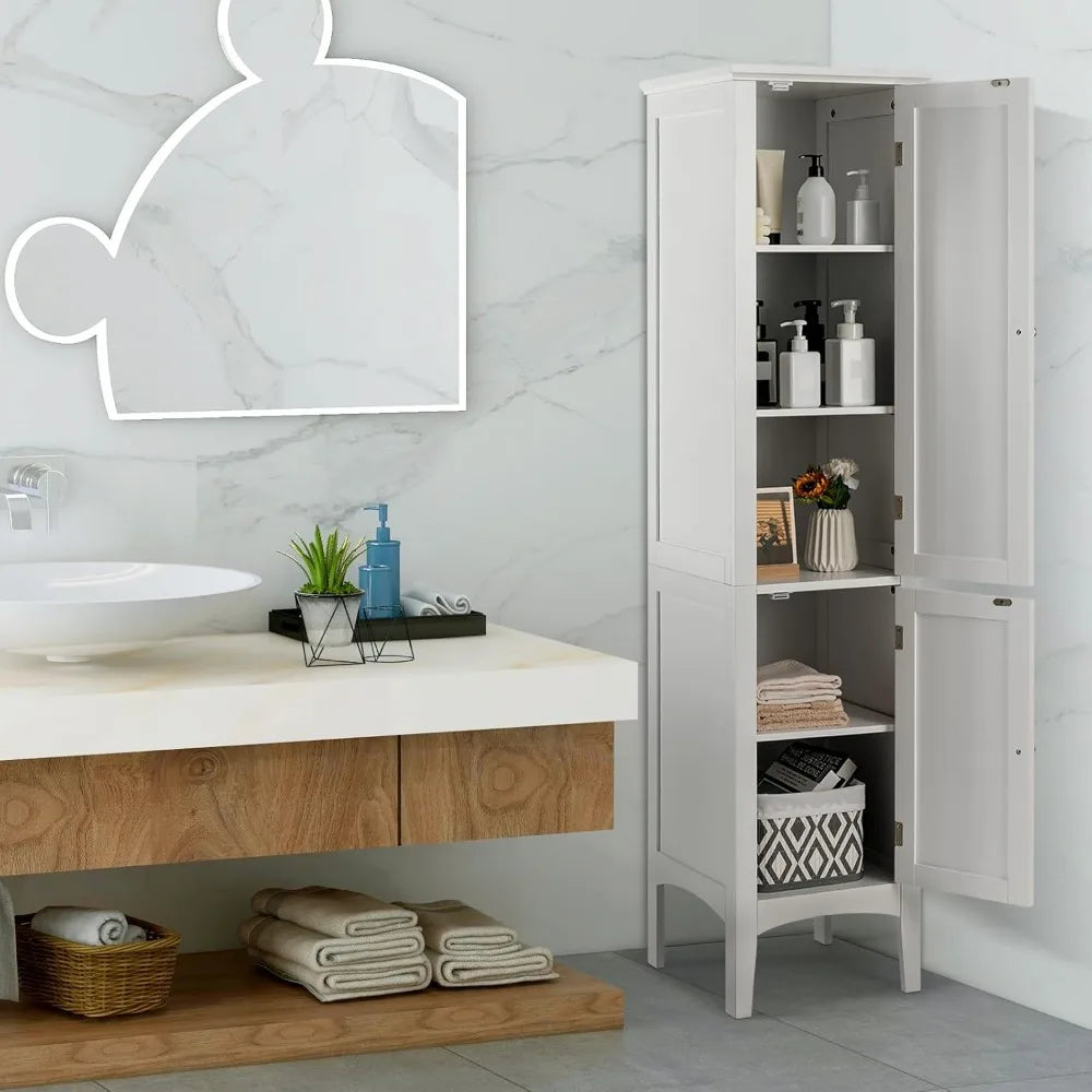 5-Tier Freestanding Bathroom Linen Tower with Wooden Sides and 2 Doors Storage Cabinet