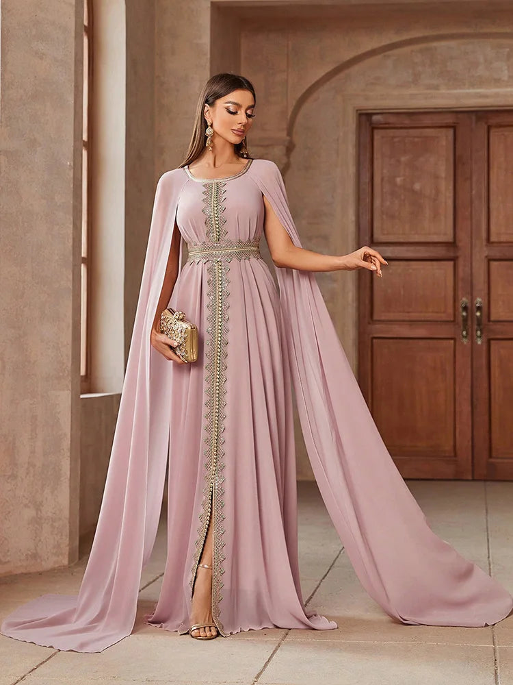 TOLEEN Luxury Embroidery Arabian Muslim Dresses Elegant Women's Color Block Lace Spliced Cape Sleeves Waist Gathered Long Dress